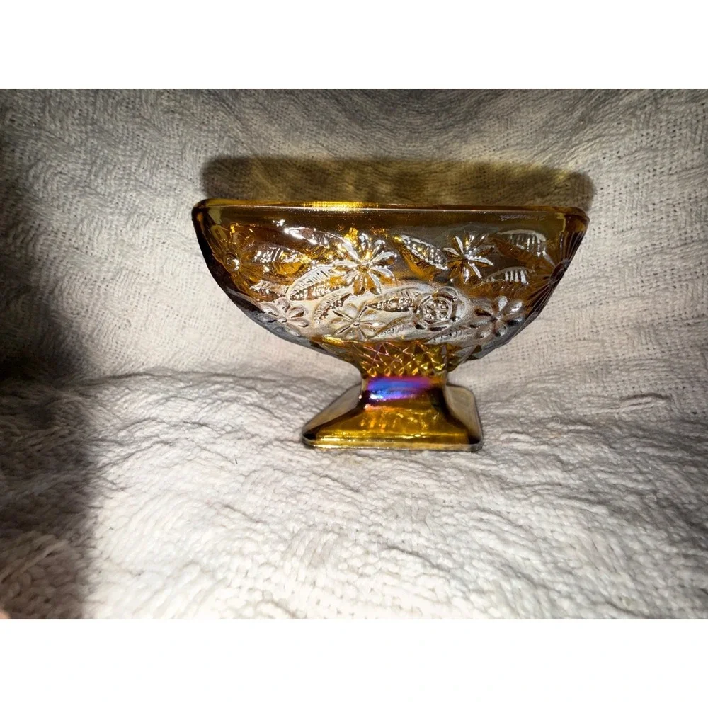 Vintage amber Marigold Carnival Glass  Footed Candy Dish 3x6.5in